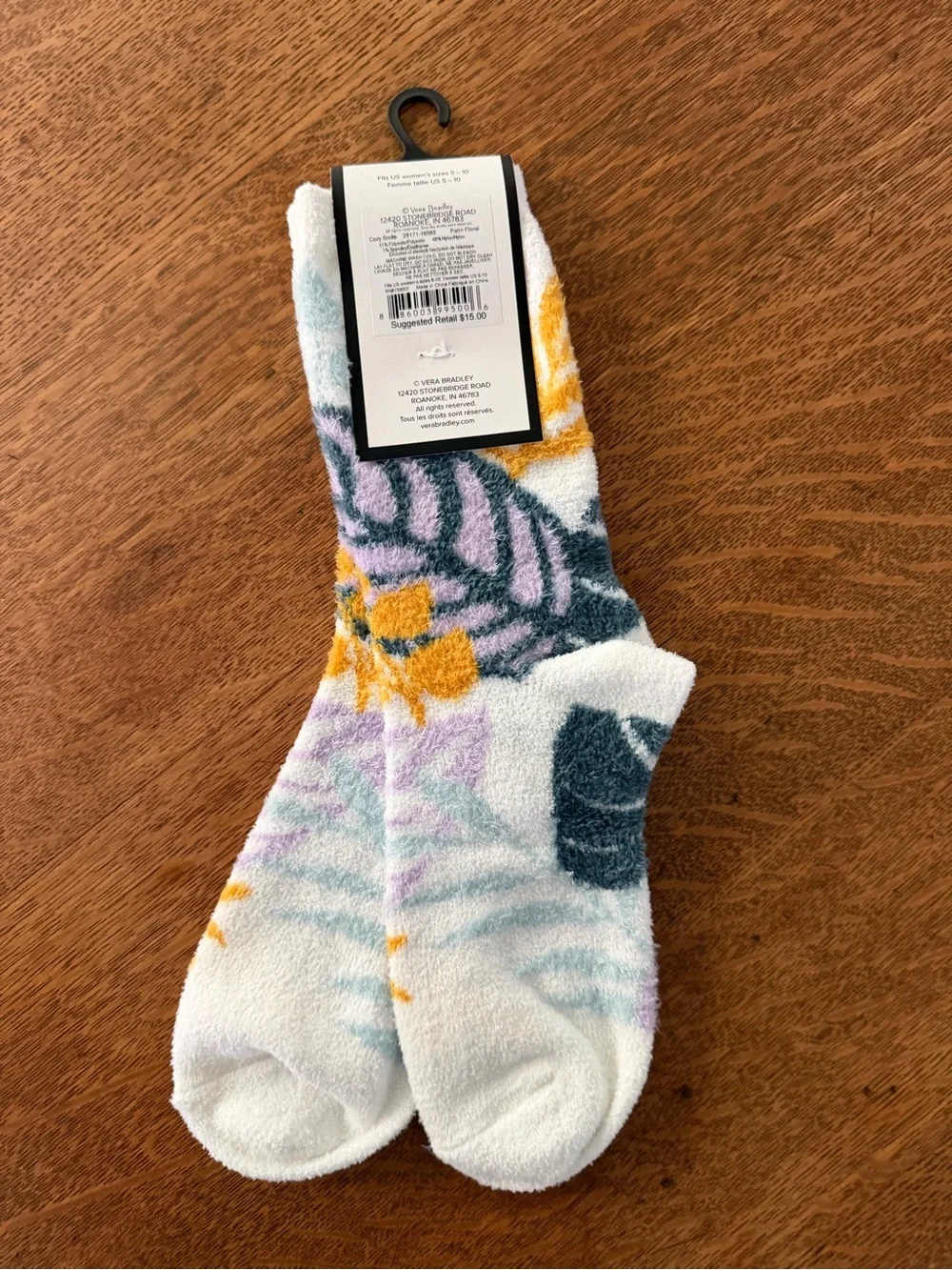 Vera Bradley White Socks with Yellow, Purple, and Teal Leaf Print